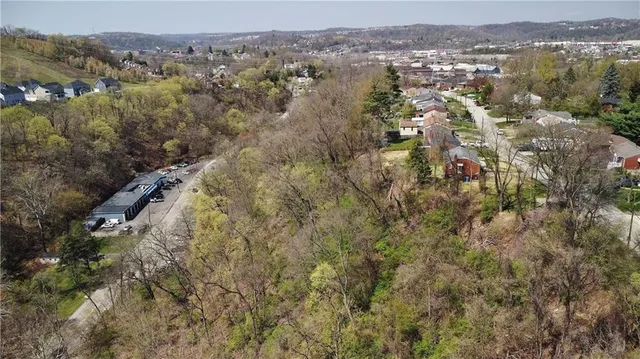 an aerial view of residential houses with outdoor space and trees