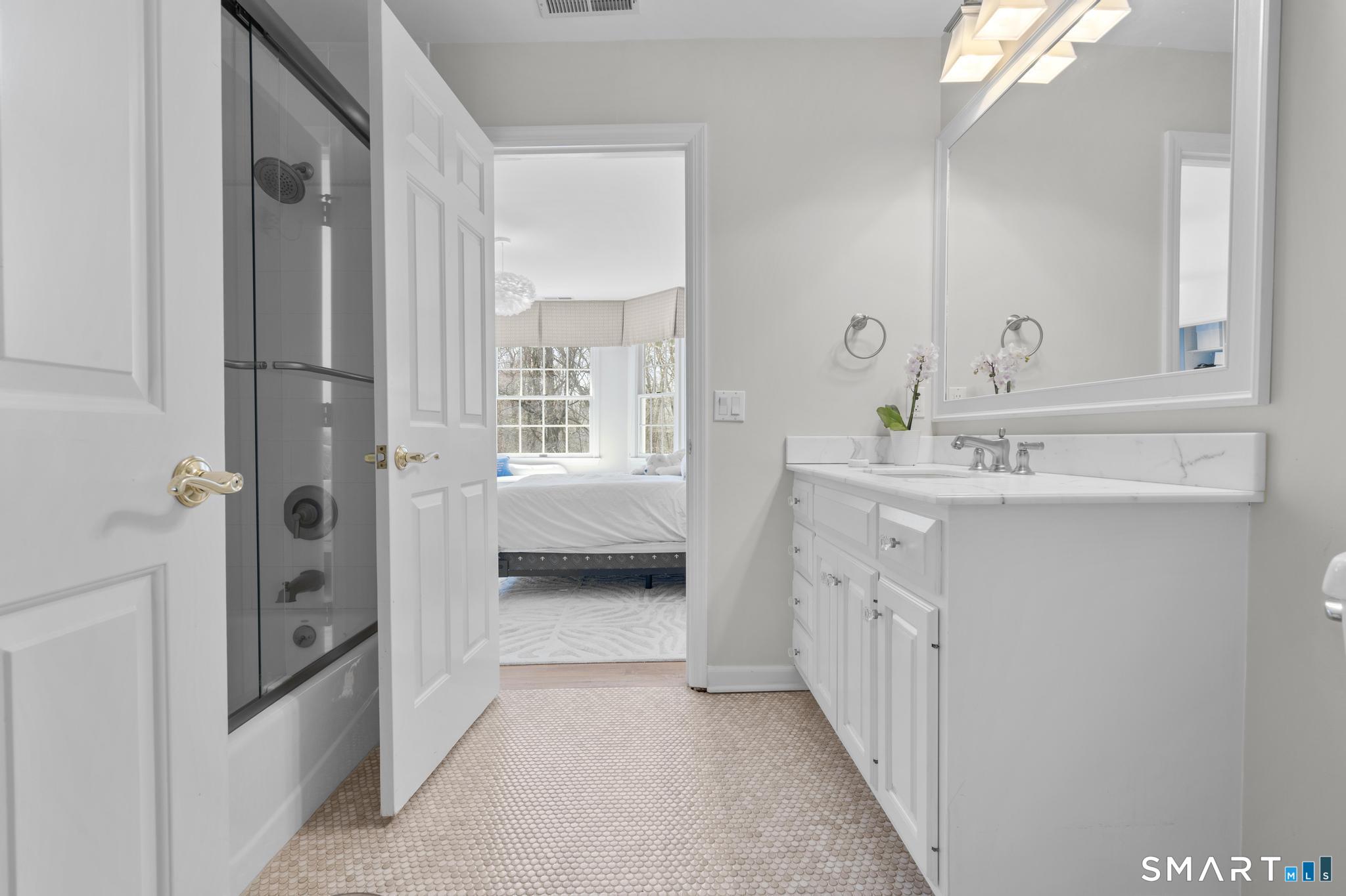 8 Maplewood Lane Wilton, CT 06897 - Photo 23 of 40 a en suite bathroom with a sink a mirror and a shower