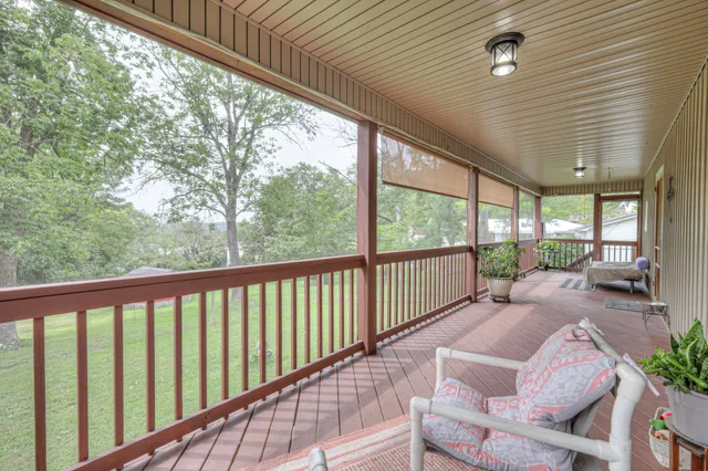 a view of a park with large trees