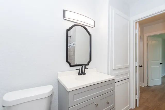 a bathroom with a sink a toilet and a mirror
