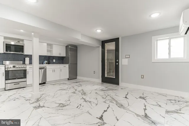 a kitchen with a stove and a microwave