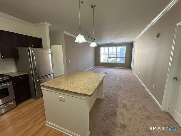 a kitchen with stainless steel appliances granite countertop cabinets a sink and a refrigerator