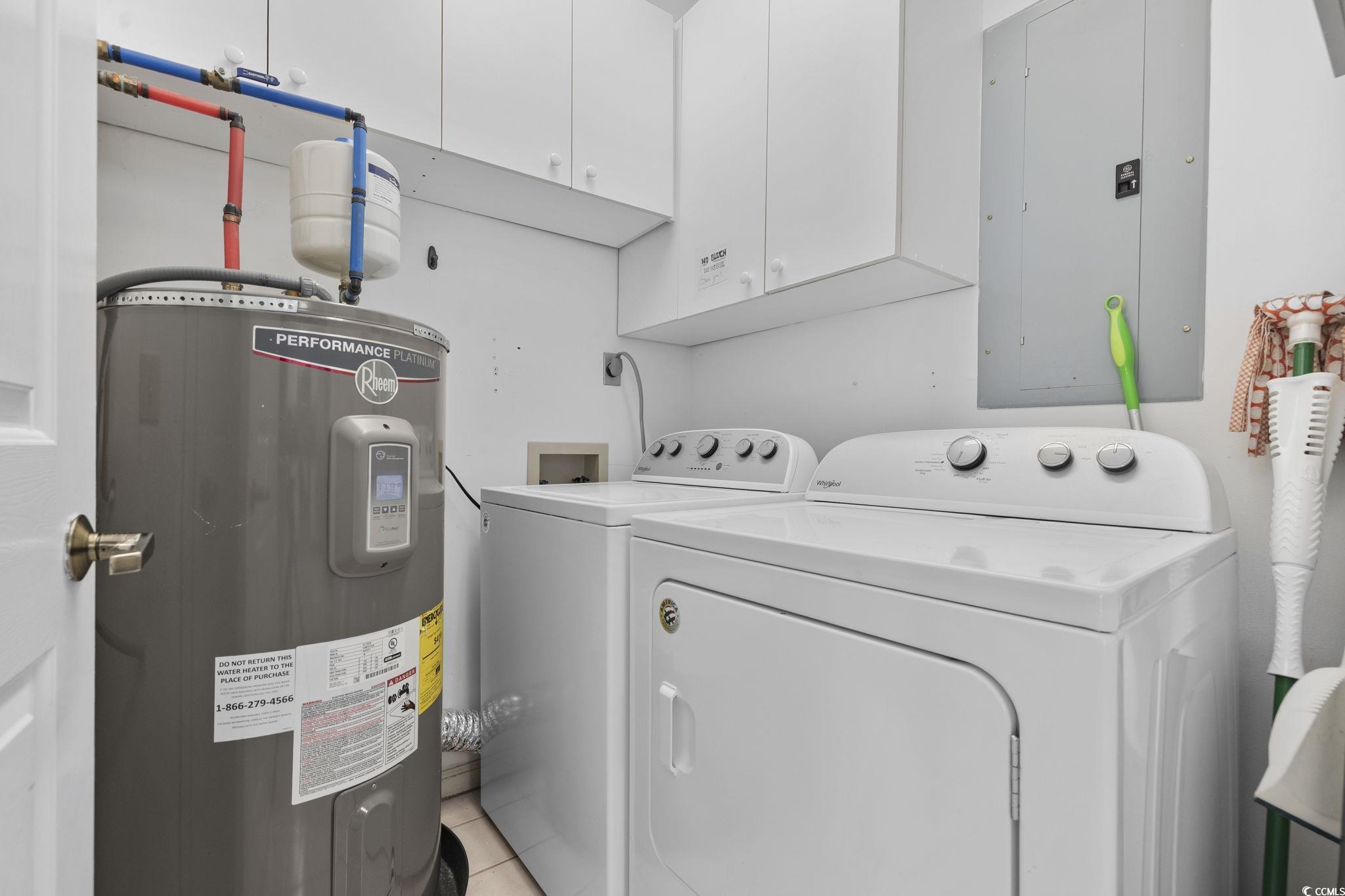 1221 Tidewater Drive, Unit 412 North Myrtle Beach, SC 29582 - Photo 5 of 36 Laundry room featuring electric panel, water heater, washing machine and clothes dryer, and cabinet space