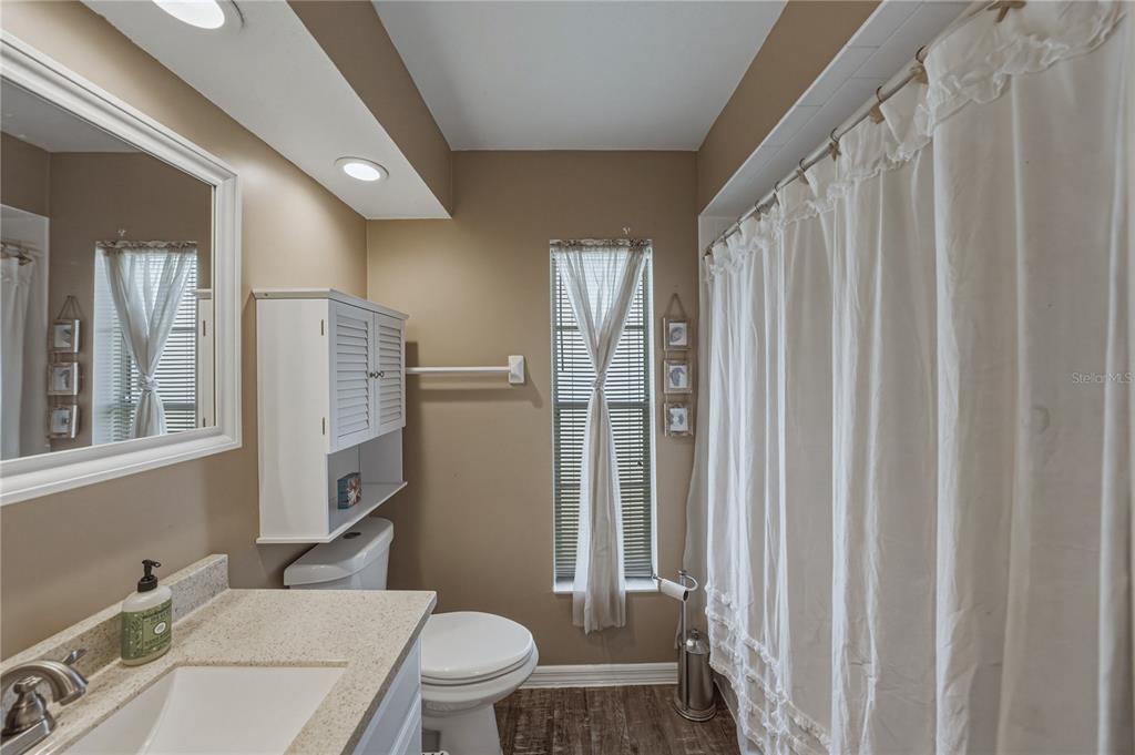 7435 Kilbride Court Weeki Wachee, FL 34613 - Photo 28 of 67 a bathroom with a sink a toilet a mirror and shower curtain