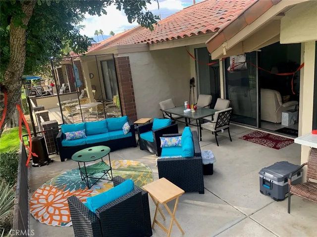 a view of a park with houses