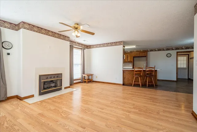 a view of a livingroom with furniture and a fireplace