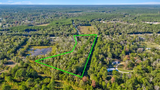 an aerial view of residential houses with outdoor space and trees