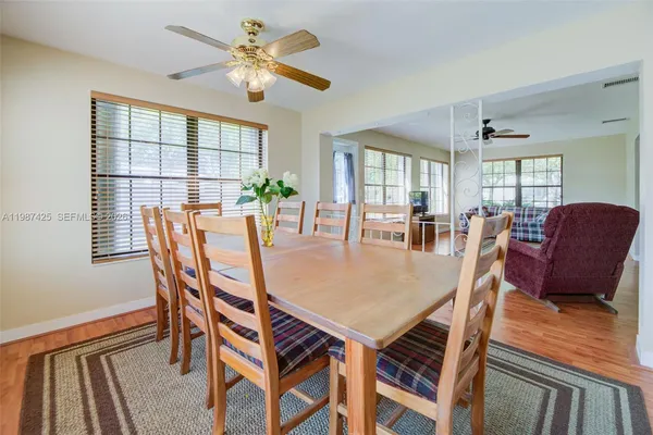 a view of a dining room with furniture window and outside view