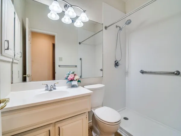 a bathroom with a sink a toilet a mirror and shower