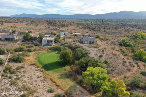 an aerial view of residential houses with outdoor space and trees