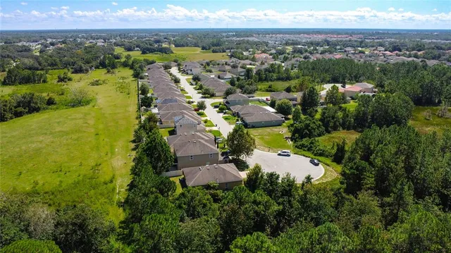 an aerial view of residential houses with outdoor space and trees