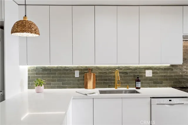 a kitchen with a sink and a potted plant