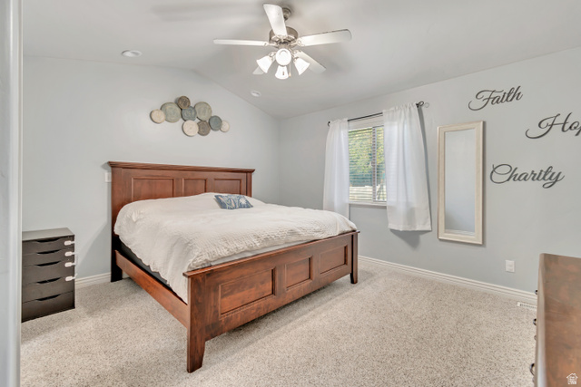 356 North 230 West Payson, UT 84651 - Photo 12 of 45 Carpeted bedroom featuring a vaulted ceiling and a ceiling fan with integrated lighting