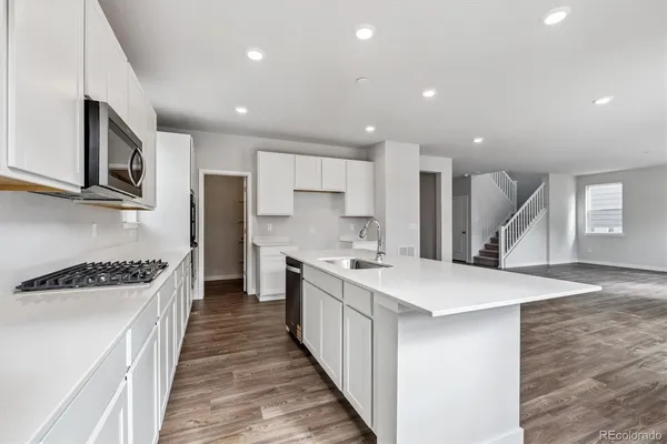 a kitchen with a stove sink and a refrigerator