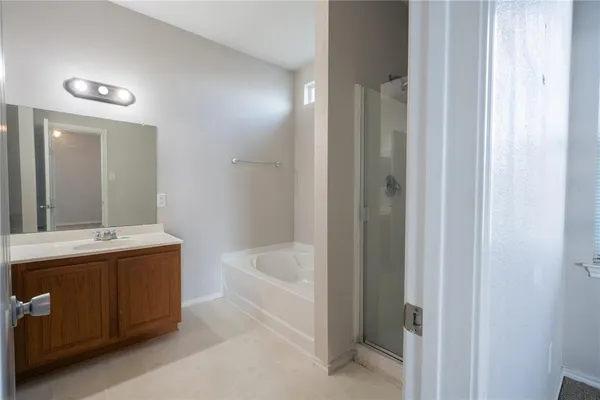 a bathroom with a tub sink and mirror
