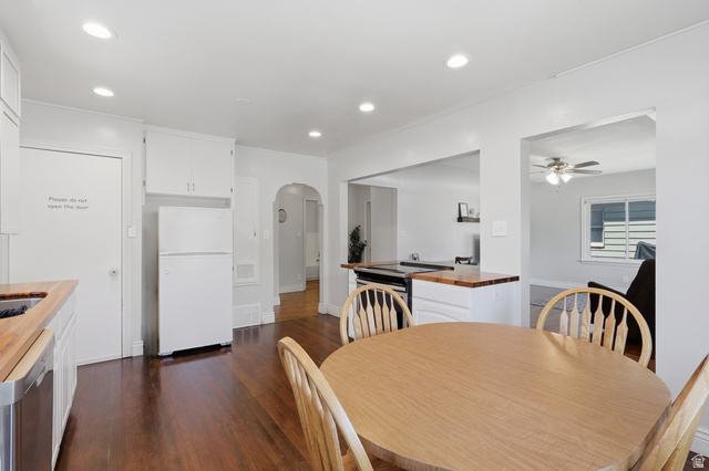 85 North 800 West Provo, UT 84601 - Photo 5 of 25 Kitchen featuring wood-finish flooring, white cabinetry, integrated appliances, recessed lighting, and a wood countertop
