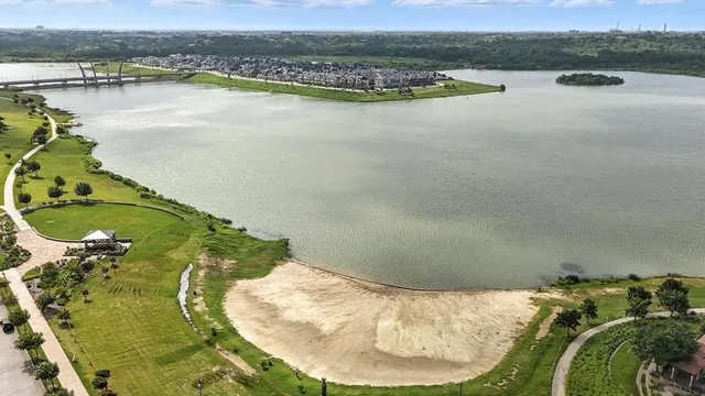 an aerial view of a swimming pool