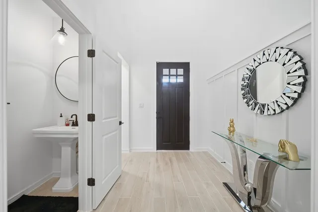 a view of a hallway with elevator