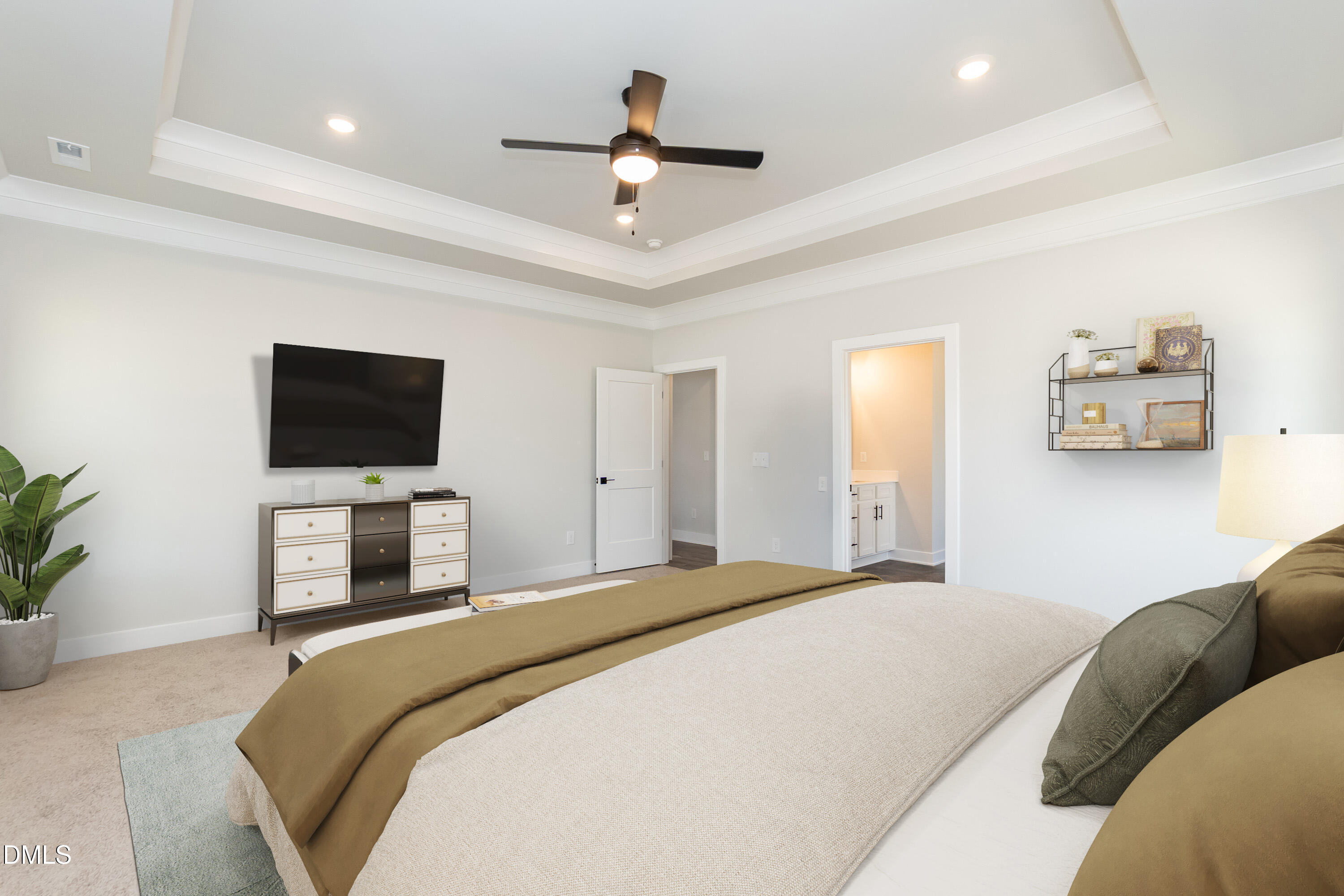 104 Galway Road Lillington, NC 27546 - Photo 5 of 40 a bedroom with a large bed a flat tv screen and a chandelier