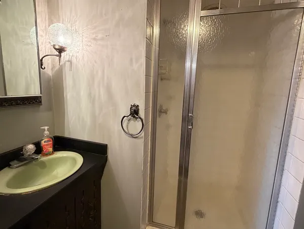 a bathroom with a sink vanity mirror and shower