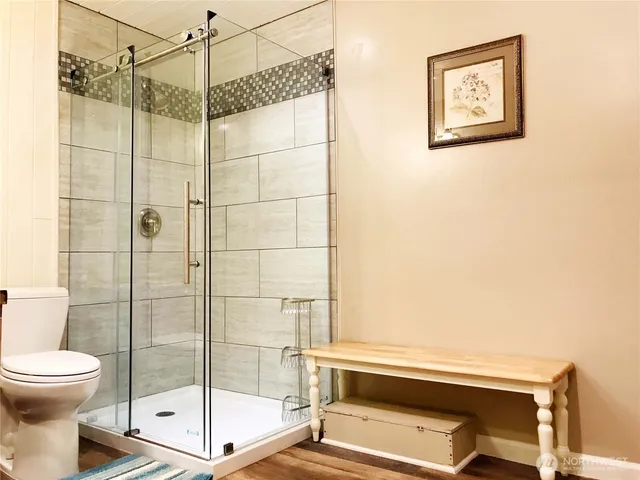 a bathroom with a shower and a toilet