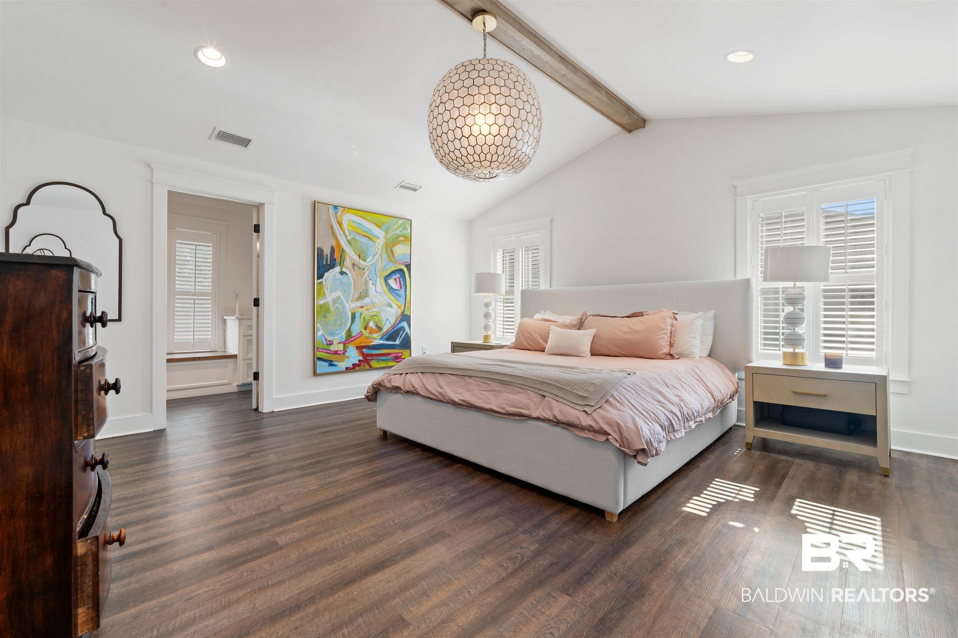3808 Claridge Road North Mobile, AL 36608 - Photo 18 of 43 Bedroom with lofted ceiling with beams and dark hardwood / wood-style floors