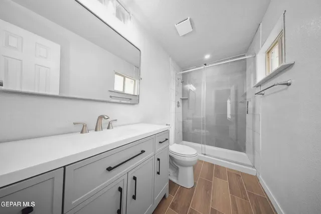 a bathroom with a sink a toilet a mirror and shower
