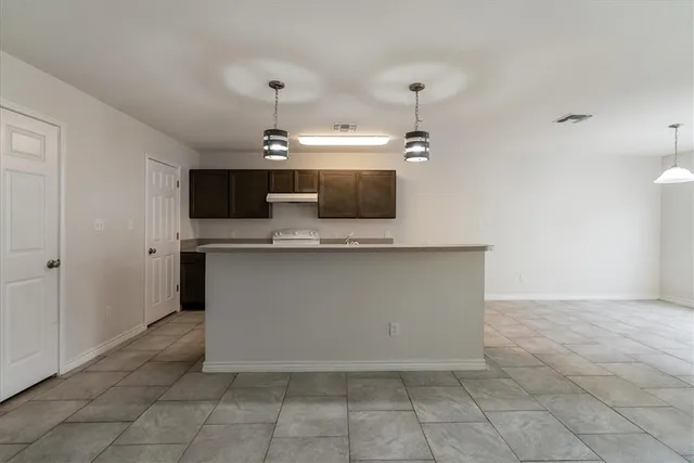 a view kitchen with kitchen island stainless steel appliances a sink and a fireplace