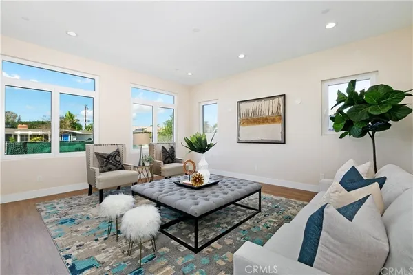 a living room with furniture and a potted plant