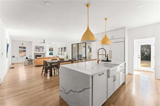 a view of a dining room with furniture window and outside view