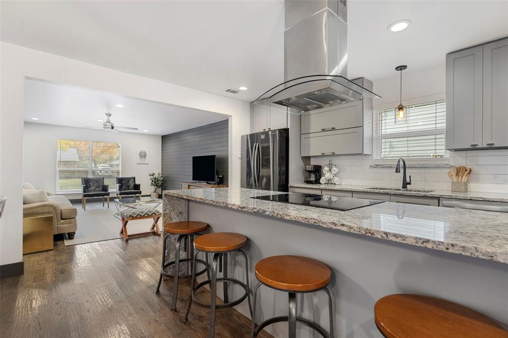 608 Winchester Drive Richardson, TX 75080 - Photo 1 of 1 a kitchen with granite countertop a table chairs stove a sink and dishwasher