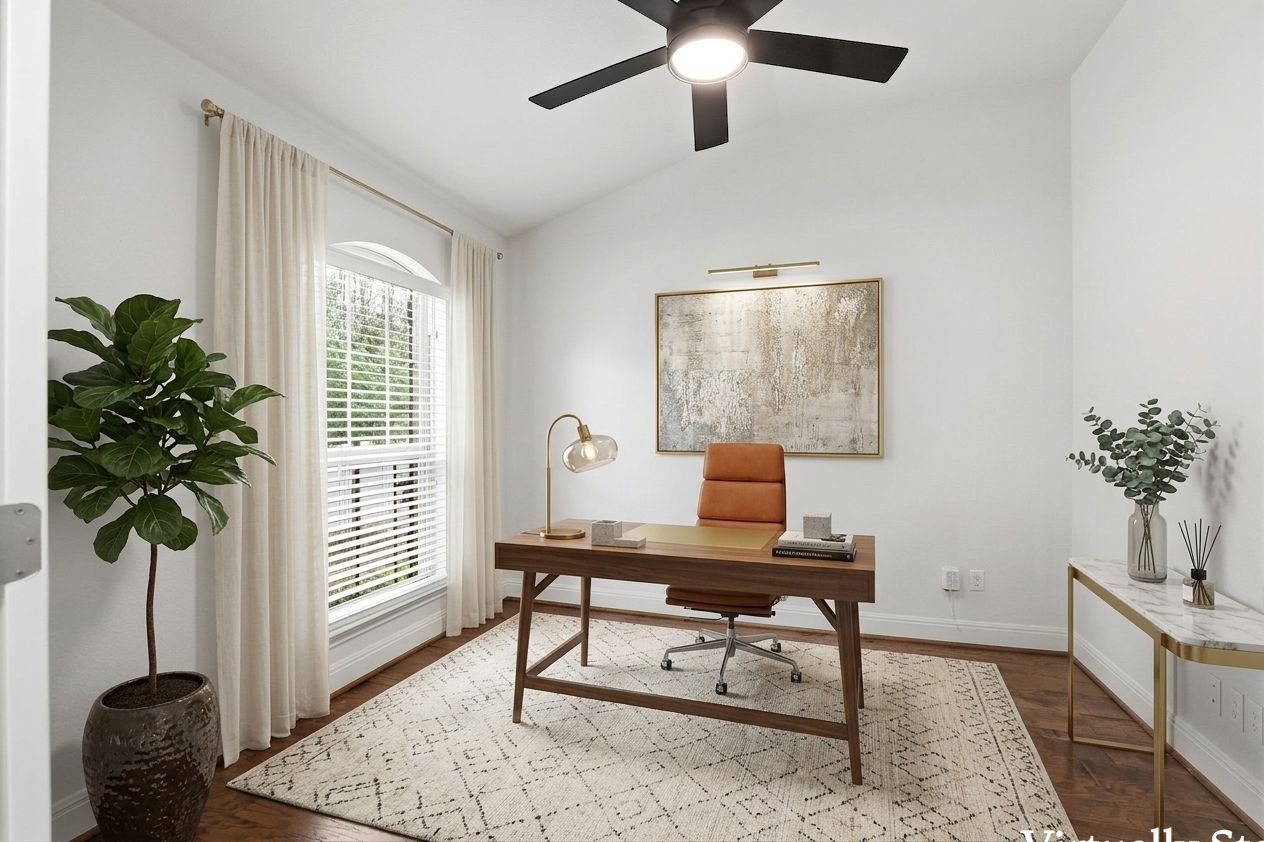 152 Stone View Trail Austin, TX 78737 - Photo 6 of 33 Room featuring wood-finish flooring, a vaulted ceiling, a ceiling fan with integrated lighting, a large arched window with blinds, and recessed lighting