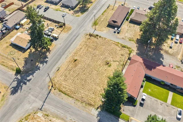 an aerial view of a swimming pool