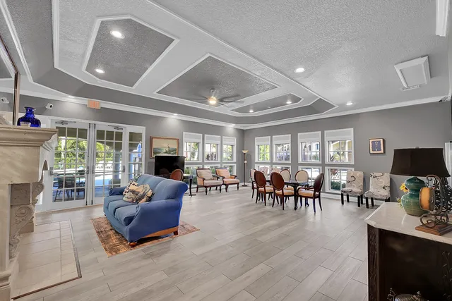 a view of swimming pool from a balcony