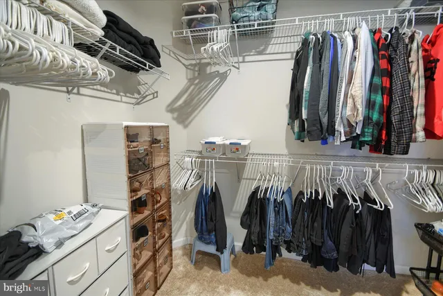 a view of walk in closet with clothes and shoes