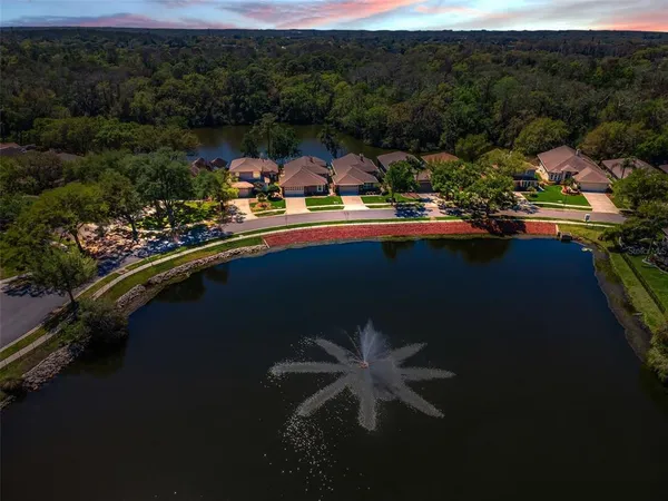 an aerial view of house with yard and lake view