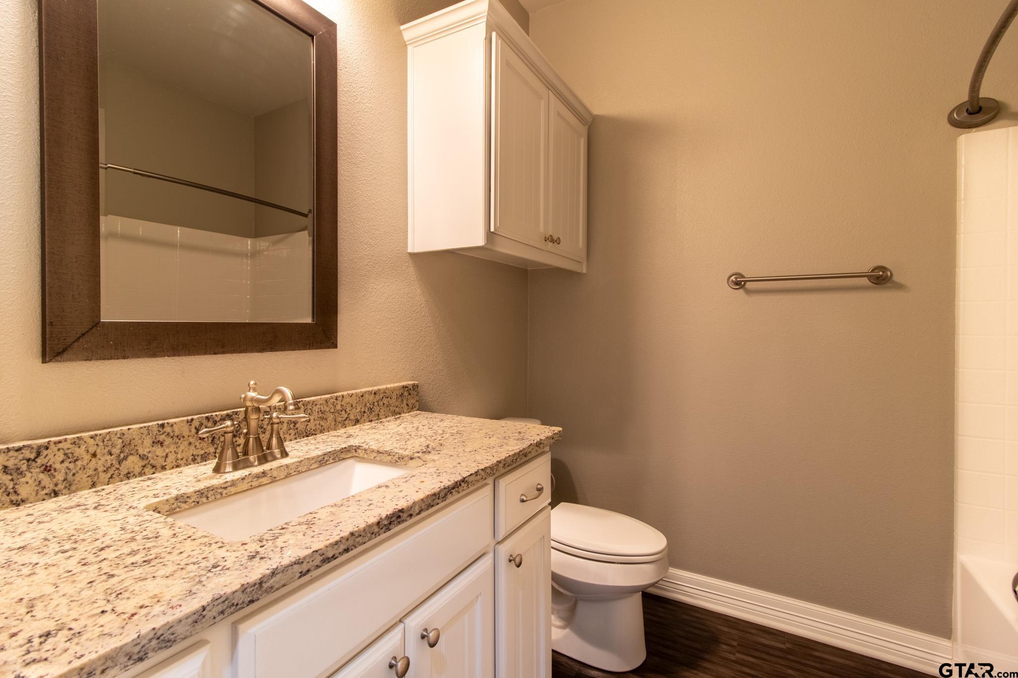 2806 Valley View Street Tyler, TX 75701 - Photo 19 of 22 a bathroom with a granite countertop toilet sink and mirror