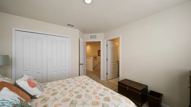 a bedroom with a bed and a closet