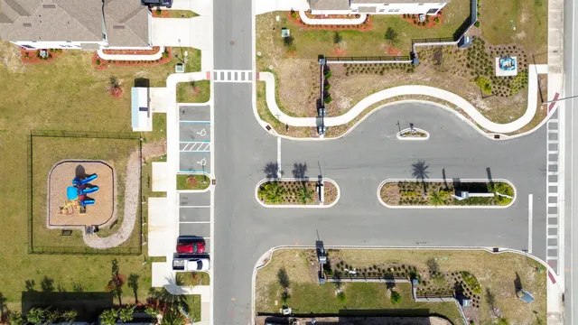 an aerial view of a swimming pool