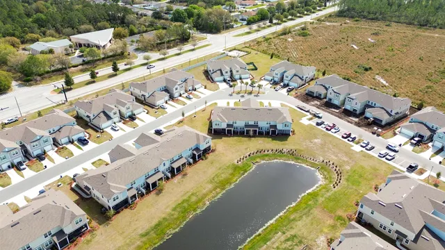 an aerial view of a swimming pool