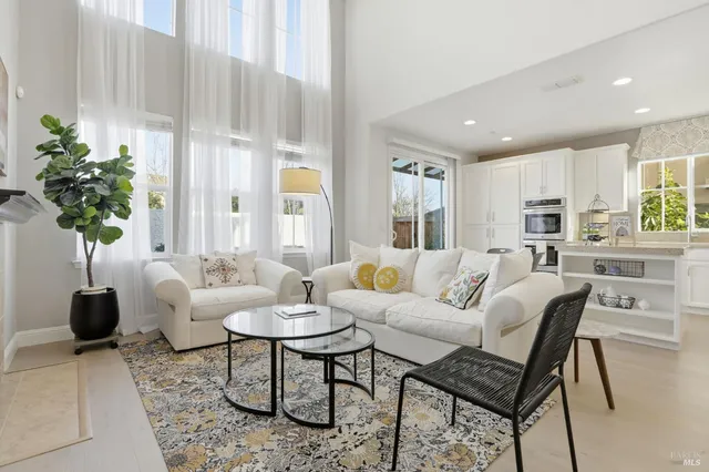 a living room with furniture potted plant and a large window