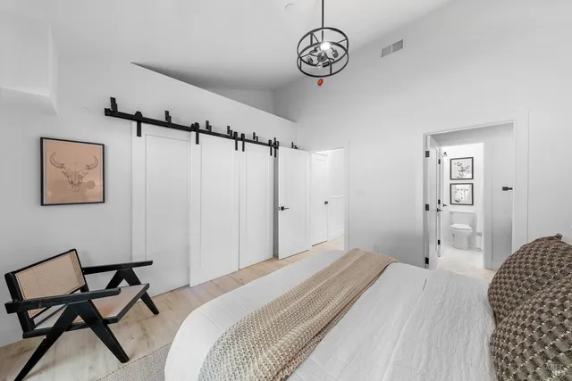 a bedroom with a bed and a chandelier