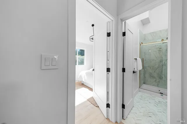 a view of a bathroom with a shower