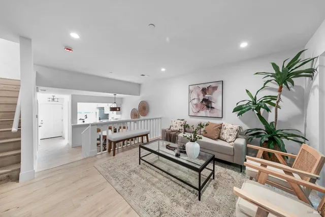 a living room with furniture and a potted plant