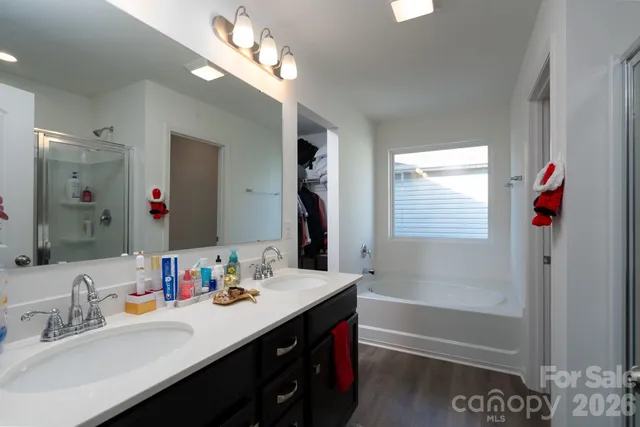 a bathroom with a sink a tub and a mirror