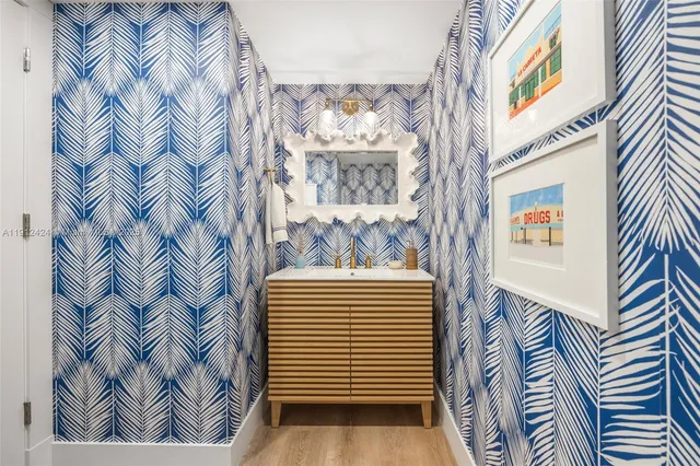 a view of balcony with wooden floor