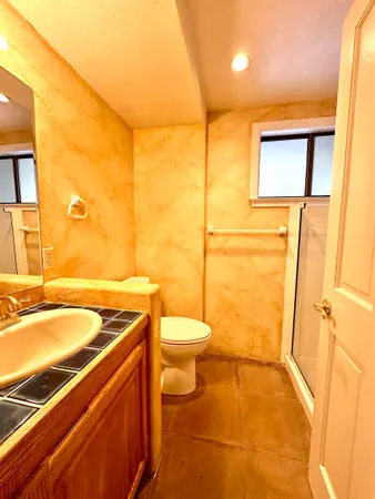 a bathroom with a granite countertop sink toilet and shower