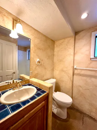 a bathroom with a sink toilet vanity and shower