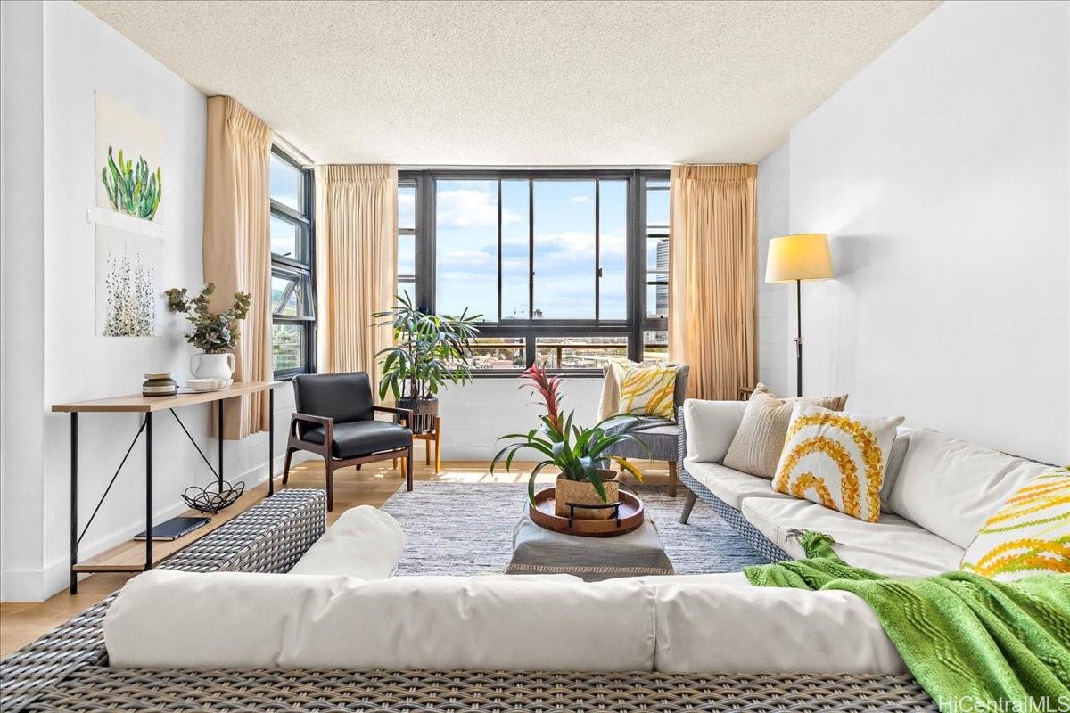 a living room with furniture and a potted plant