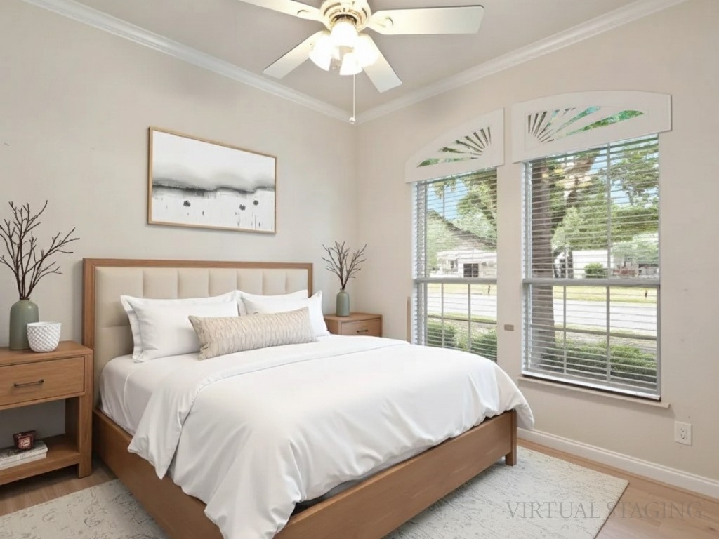 1858 Nelson Ranch Loop Cedar Park, TX 78613 - Photo 18 of 32 Bedroom with crown molding, light wood-style floors, and ceiling fan